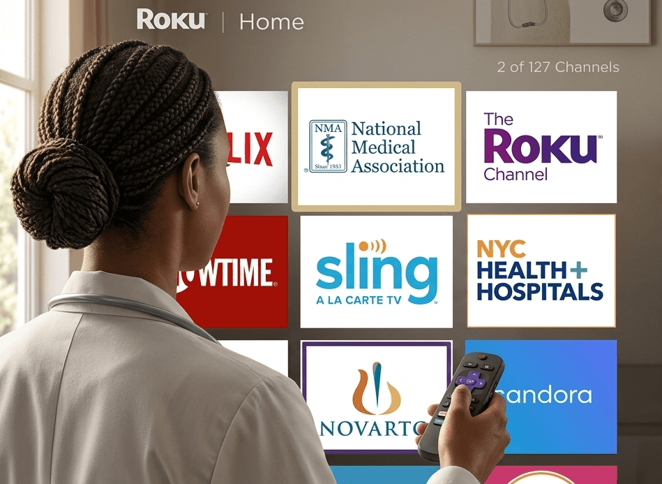 A woman watching a Connected TV streaming home screen full of channel tiles