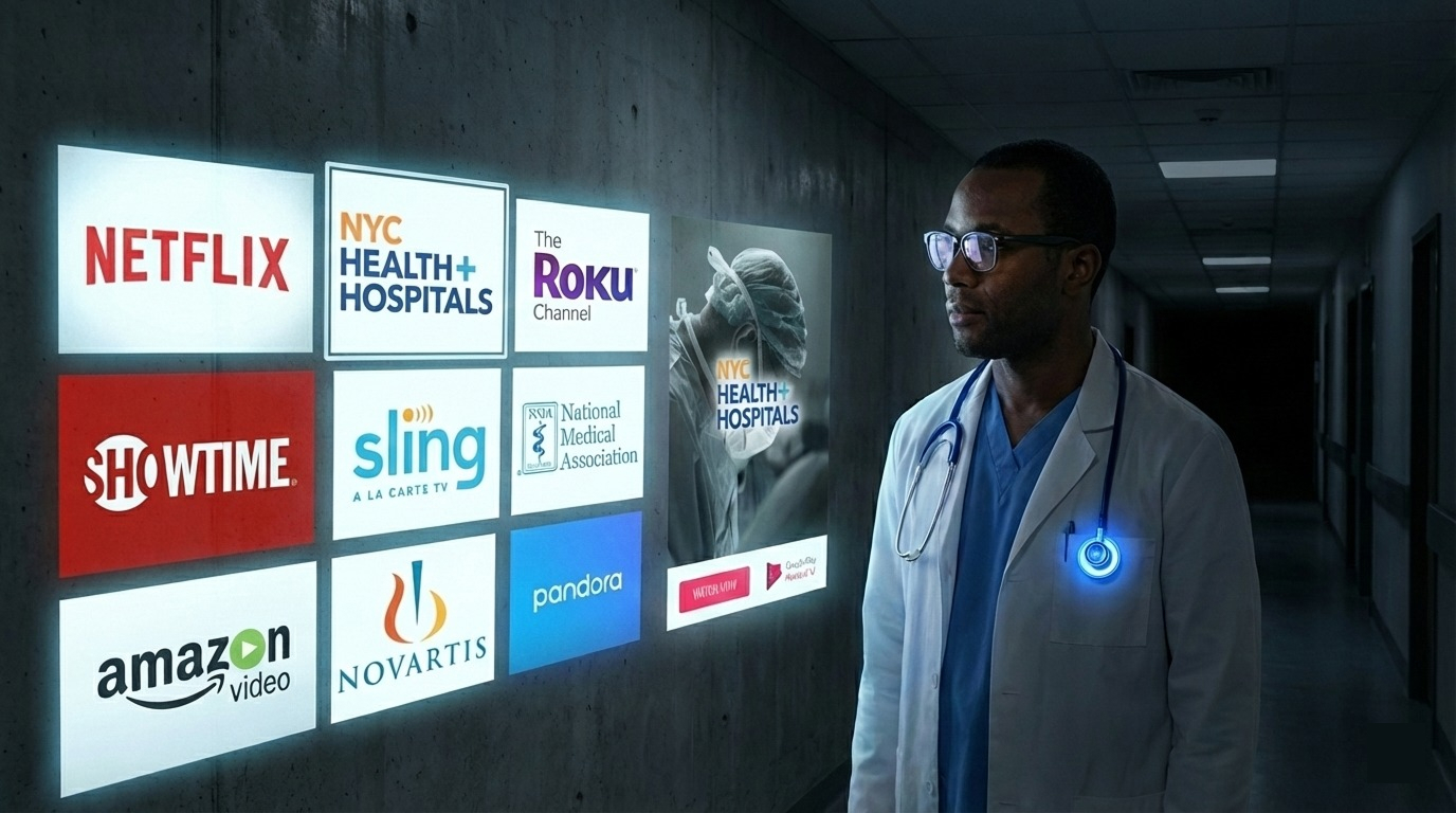 A clinician passes a wall of streaming platform tiles including Netflix, Roku, and the National Medical Association channel, with InnerCityMD's future home alongside them